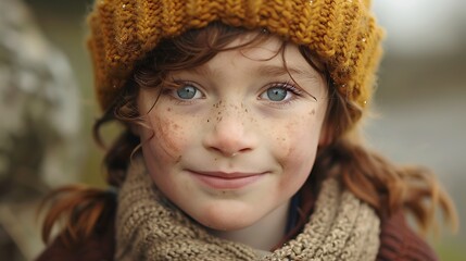 children of ireland, A close-up portrait of a smiling child with freckles and blue eyes wearing a mustard-colored hat and a scarf 