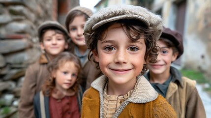 children of italy, A group of cheerful vintage-dressed children smiling in an old-town setting. 