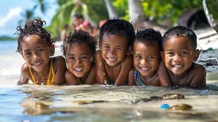 children of kiribati, Five cheerful children lie side by side in shallow beach water, smiling at the camera on a sunlit day.  - obrazy, fototapety, plakaty