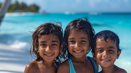 children of maldives, Three smiling children enjoy a sunny beach day with clear blue waters in the background, perfect for summer-themed projects and advertising. 