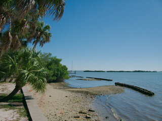 View over oyster reef balls stabilizing shorelines and fostering habitats towards boat dock and green bushes on left Boca Ciega Bay at Abercrombie Park In St. Petersburg, FL. Sunny day with blue sky.  © Del Harper
