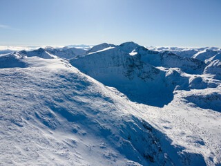 Aerial Winter view of Rila mountain near Musala peak, Bulgaria