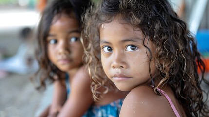children of nauru, Two young children with wavy hair look towards the camera with expressions of curiosity and innocence under natural light.  - obrazy, fototapety, plakaty