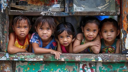 children of philippines, Five young children peering curiously out of a weathered wooden window frame with colorful peeling paint 