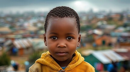 children of south africa, Portrait of a young child with a contemplative expression against a blurred background of a township under a cloudy sky. 