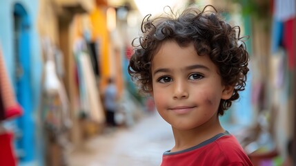 Children of Tunisia. A portrait of a young child with curly hair smiling gently on a blurred street background. 