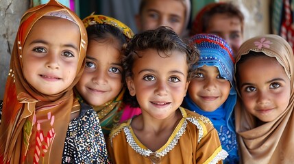 Children of Tunisia. A group of smiling children in colorful traditional attire posing for a portrait outdoors.