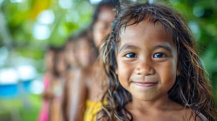 Children of Tuvalu. A smiling young girl with sparkling eyes in a tropical setting with other kids softly blurred in the background. 