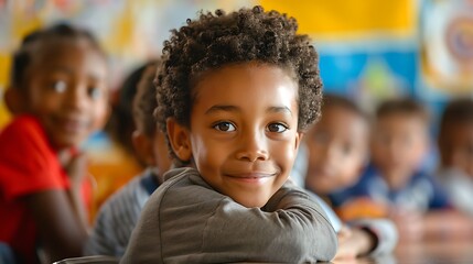 Children of United States. A smiling young boy with curly hair looking at the camera in a colorful classroom full of students out of focus in the background 