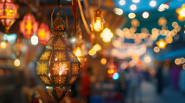 Ramadan kareem, Ramadan mubarak hanging lamps design concept. Render Islamic lantern light concept 