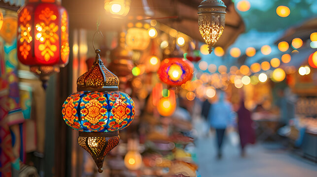 Ramadan kareem, Ramadan mubarak hanging lamps design concept. Render Islamic lantern light concept 