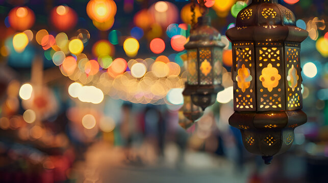 Ramadan kareem, Ramadan mubarak hanging lamps design concept. Render Islamic lantern light concept 