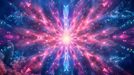 a symmetrical explosion of vibrant lights. The core of the explosion is dominated by bright pink hues, surrounded by waves of blue and purple lights