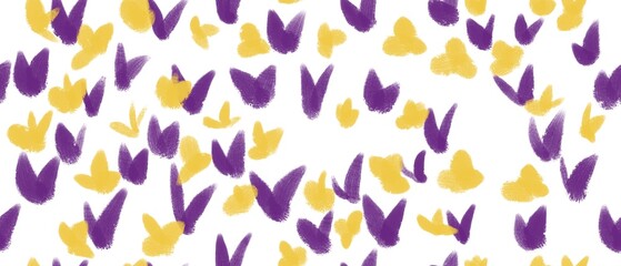 Seamless abstract botanical pattern. Purple, yellow flowers on white background. Digital brush strokes. Design for textile fabrics, wrapping paper, background, wallpaper, cover.