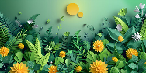 Floral background, A green background with flowers and leaves .
