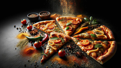 Slices of pizza, each topped with a variety of spices, against a stark black background.