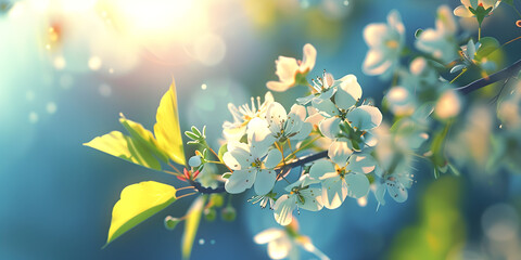 Branch with cherry blossom on fruit tree in garden blossom, Blurred spring background featuring nature.