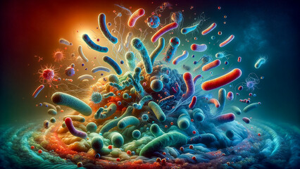 Clouds of germs, viruses, red blood cells, white blood cells and DNA