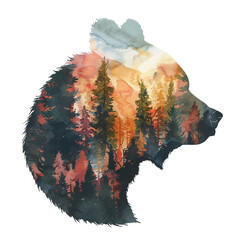 sillhouette grizzly with forest scene insid vector illustration in watercolour style - obrazy, fototapety, plakaty