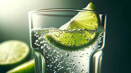 Close-up of a glass of lime soda, showcasing the bubbling carbonation