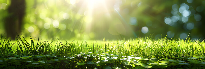 Fresh green garden grass lawn in spring, Natural green defocused spring summer blurred background with sunshine.