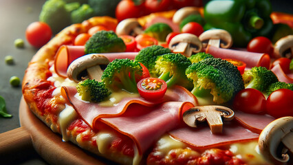 healthy pizza, focusing on the arrangement of ham, broccoli, cherry tomatoes, red pepper