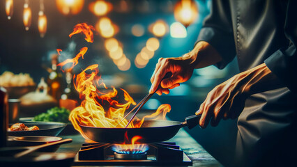 cooking as a chef's hands work with fire to prepare a dish.