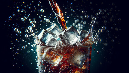 drink pouring into a glass with ice,mid-splash