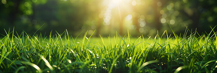 Natural grass background with blurred bokeh and sun, Bright sunlight on a green blurred background.