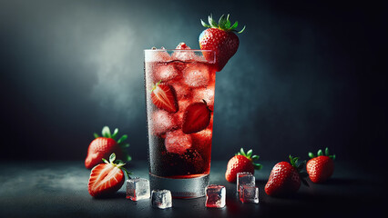 fresh strawberry cocktail, summer with ripe strawberries and ice cubes in a glass.