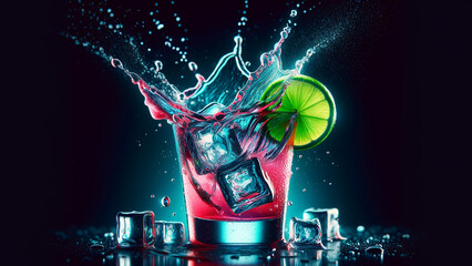 cocktail splash occurs, with ice cubes and a slice of lime caught in mid-air.