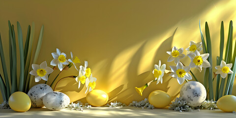 Yellow daffodils in a glass vase, Easter eggs in Home interior.
