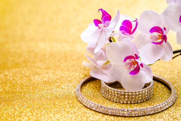 Bracelet and necklace on a gold shiny background
