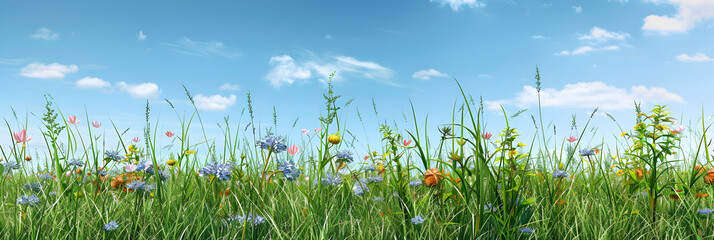 Beautiful field with grass and flowers against blue sky.