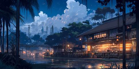 Tropical Evening at a Riverside Restaurant with Cityscape