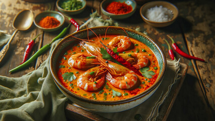  Red Curry with shrimps, the prawns perfectly cooked and immersed in a spicy