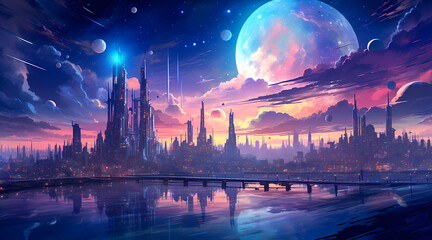 Fototapeta na wymiar Futuristic Cityscape with Vibrant Sunset and Planets