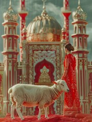 eid al adha, sheep and mosque background - generative ai