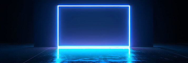 Neon square blue frame in dark room on dark blurred background.
