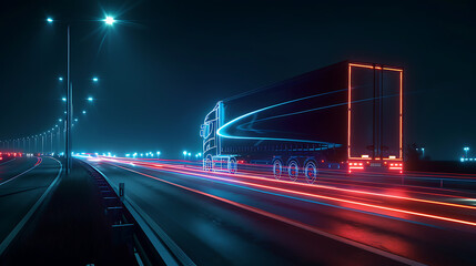 Fototapeta na wymiar a nighttime scene where a large truck is moving along a road illuminated by streetlights.