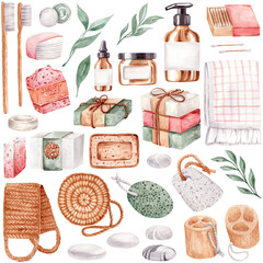 Bathroom watercolor clipart. Cute hand drawn illustrations. Isolated objects - soap, towel, bottle, toothbrush, washcloth, pumice stone, ear sticks, pebbles, cotton pads, twigs with leaves.