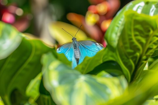 Blue morpho butterfly (Morpho peleides) on a tropical plant leaf. Image taken in Costa Rica.