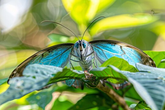 Blue morpho butterfly (Morpho peleides) on a tropical plant leaf. Image taken in Costa Rica.