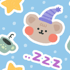 cute hand drawn beige teddy bear face with star and cup on a blue background, sticker style kawaii kids seamless pattern for wrapping paper, fabric, textile