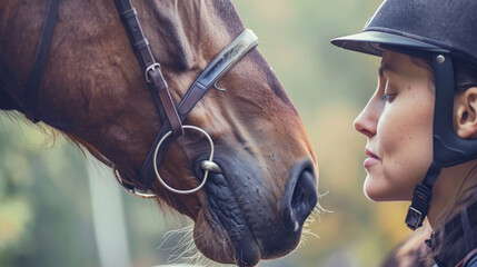 A rider in an equestrian helmet shares a serene moment with a brown horse, emphasizing a connection between human and animal - obrazy, fototapety, plakaty