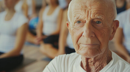 Senior male participant focused in a yoga class with fellow practitioners in a tranquil studio setting - obrazy, fototapety, plakaty