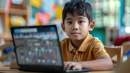 A young boy is seated in front of a laptop computer, focusing on the screen