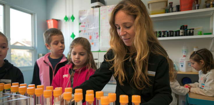 A teacher is guiding a group of young students through a science experiment with test tubes in a classroom setting