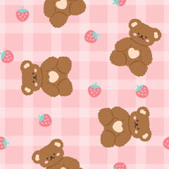 Pink cute kawaii teddy bears with grid texture background and strawberry, kids seamless pattern background for girl. Wrapping paper childish design, fabric and textile print