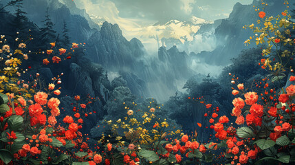 Fototapeta na wymiar Majestic Blooms Emerge With Vibrance In The Forefront Of Mist-Enshrouded Mountains